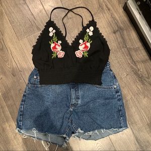 Black floral crop tank
